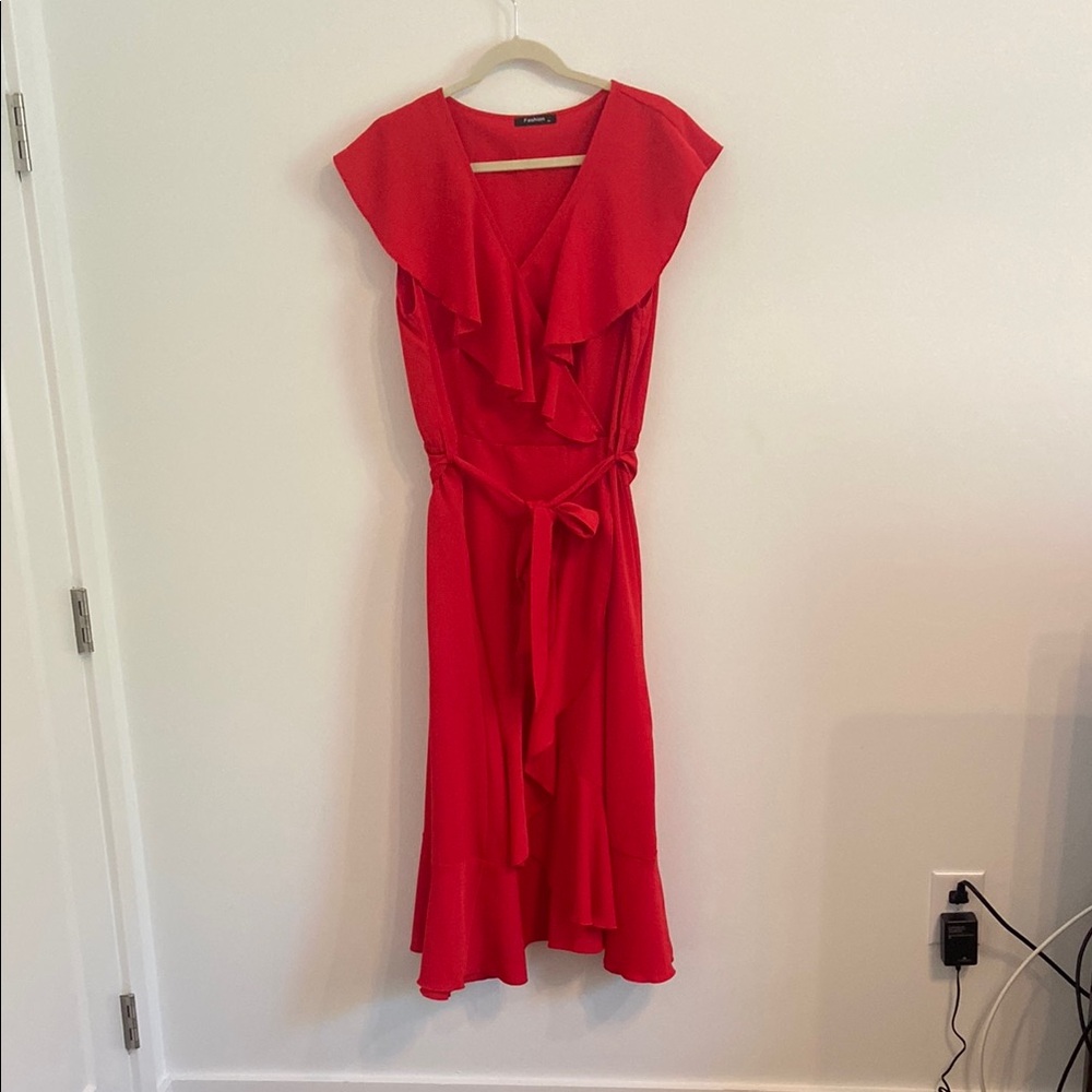Fashion Nova Red High Low Sundress with Flutter Sleeves